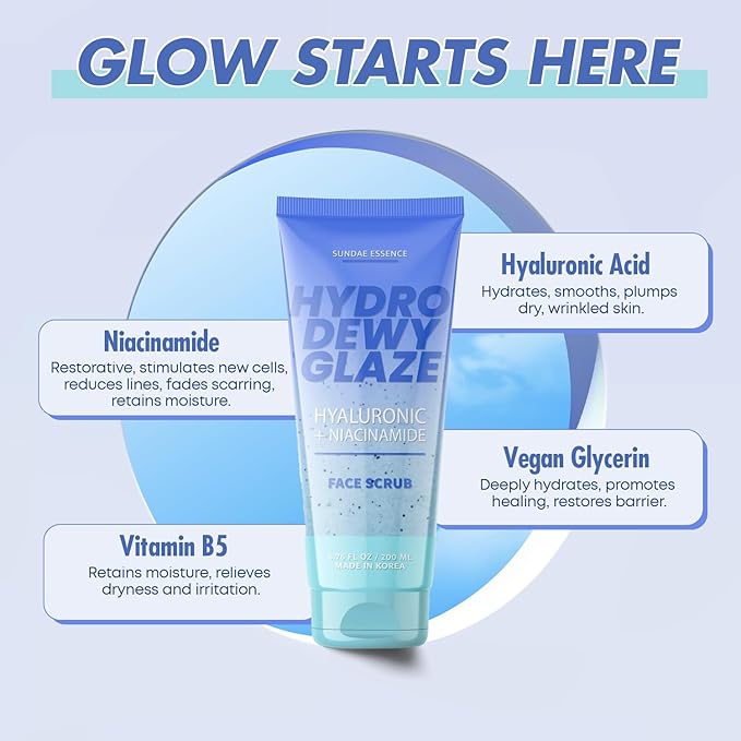 Hyaluronic Acid Facial Scrub - Dermatologist Tested, Anti-Aging, Korean Skin Care, Hydrates & Plumps Dry Skin, Improves Texture & Firmness - Gentle, Vegan, 95% Natural - 1 Pack-GlimoraGlow