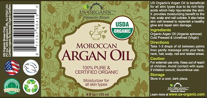 US Organic Moroccan Argan Oil, Cold-Pressed Virgin, USDA Certified, 100% Pure, Unrefined, for Hair, Skin, Nail & Cuticle Care, in Amber Glass Bottle, Sourced from Morocco (4 oz (Large))-GlimoraGlow