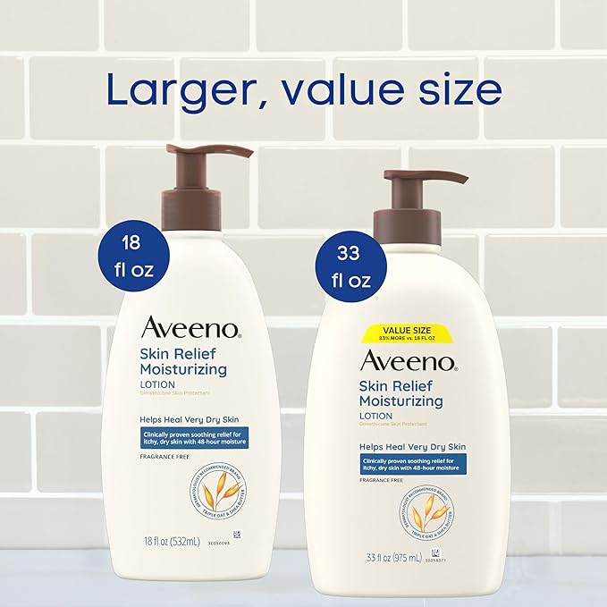 Aveeno Skin Relief Moisturizing Lotion for Very Dry, Itchy, Dry Skin, Body Moisturizer, Soothing Triple Oat & Shea Butter, Fragrance-Free, Non-Greasy, 33 fl oz-GlimoraGlow