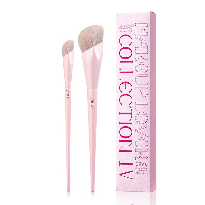 Jessup Foundation Brush and Concealer Brush, Pink Makeup Brushes Set 2Pcs Premium Synthetic Face Make up Brushes for Liquid Cream, T497-GlimoraGlow