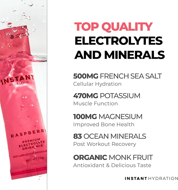Instant Hydration Electrolytes Powder Packets - Raspberry Electrolyte Drink Mix - Zero Sugar - Keto, Vegan, Gluten-Free, Non-GMO - Boost Recovery, Brain Health, Muscle & Tissue Support- 30 Sticks-GlimoraGlow