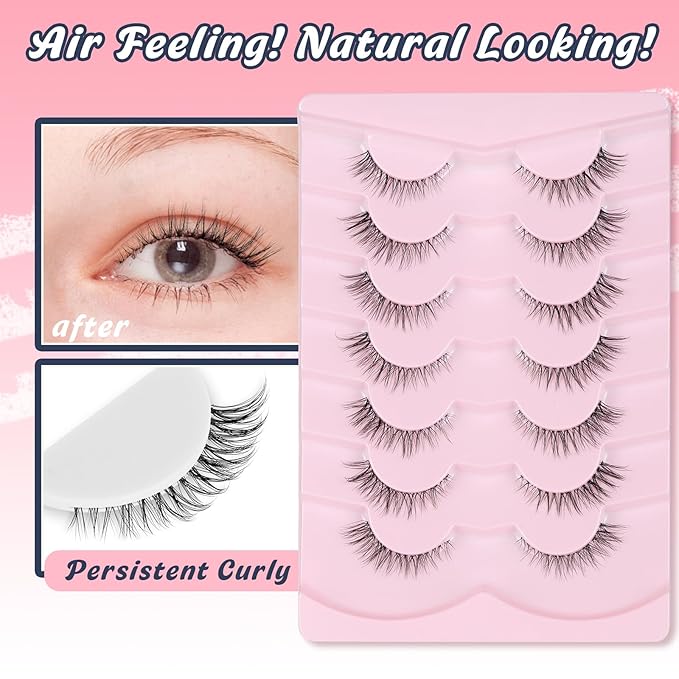 Cat Eyelashes Natural Eye Lashes 12mm False Lashes Wispy Thin Band 3D Volume Fake Eyelash C Curl Lash Pack Natural Look 7 Pair-GlimoraGlow