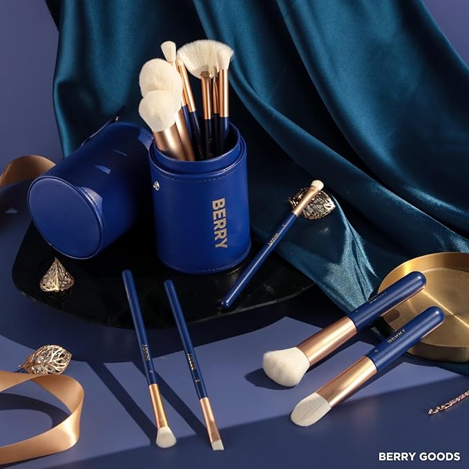 BERRY Blue Premium Makeup Brush Set – 12-Piece Professional Ultra-Soft Synthetic Brushes for Face & Eyes | Foundation, Powder, Blush, Concealer, Eyeshadow – Vegan, Cruelty-Free, Numbered, Travel Case-GlimoraGlow