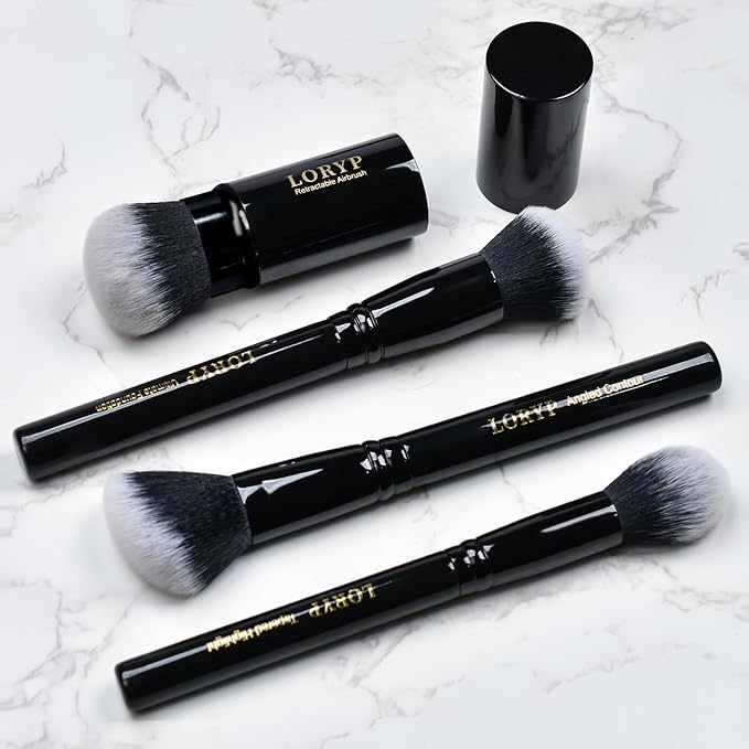 LORYP 4 Pcs Full Face Professional Makeup Brushes Set with Retractable Kabuki Airbrush For Powder,Liquid,Cream,Angled Blush Brush, Foundation Brush, Tapered Highlight Brush-GlimoraGlow
