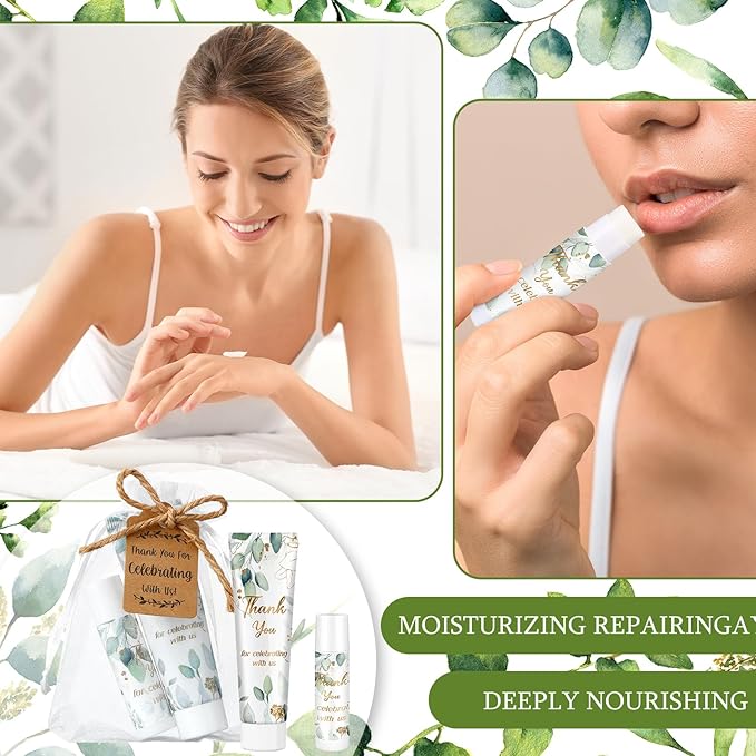 200 Pcs Baby Shower Wedding Party Favors Gift Set, 50 Pcs Baby Shower Hand Cream and 50 Lip Balm for Wedding Bridesmaid Guests Gift Supplies with 50 Organza Bag 50 Thank You Tag(Eucalyptus)-GlimoraGlow