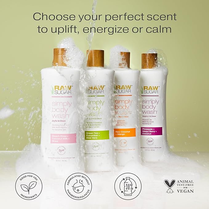 RAW SUGAR Simply Body Wash, Beach Rose + Coconut Milk + Shea (25 Fl Oz, Pack of 3) Sensitive Skin Bath Soap, Formulated without Sulfates & Parabens…-GlimoraGlow