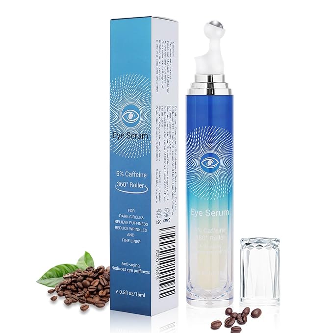 5% Caffeine Eye Serum with 360° Massage Rollerball Topper,Caffeine Eye Cream for Dark Circles,Wrinkles,Puffiness and Fine Lines,Under Eye Roller Cream Eye Bags Treatment for Women and Men-GlimoraGlow