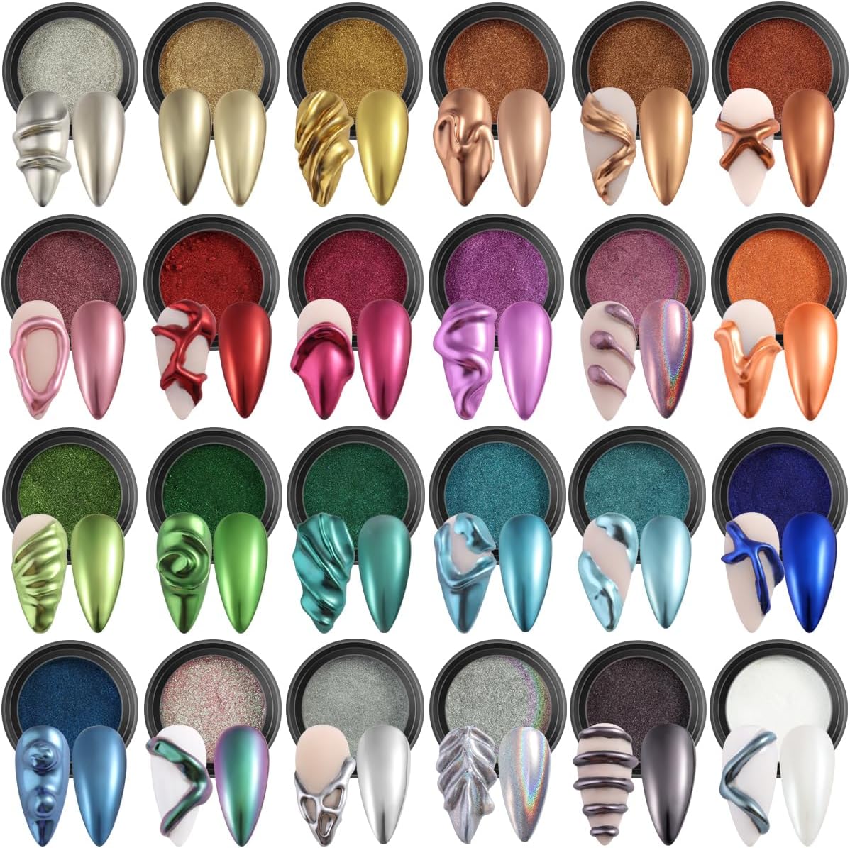24 Colors Chrome Nail Powder Set Metallic Mirror Effect Gold Silver Pink Chrome Nail Powder White Pearl Iridescent Multi Chrome Powder for Nails Chameleon Rubbing Pigment Manicure Supplies-GlimoraGlow