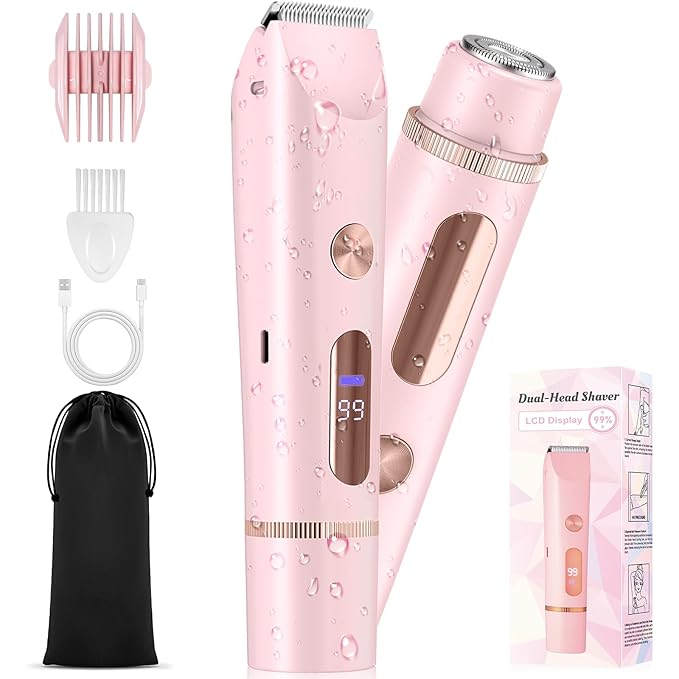 2025 Upgraded Bikini Trimmer for Women - 2 in 1 Dermave Bikini Shaver with LED Display, Dual Head Cordless Electric Shaver, IPX7 Waterproof Wet/Dry Body Hair Trimmer for Face, Body & Intimate Areas-GlimoraGlow