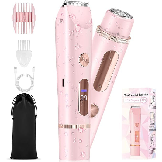 2025 Upgraded Bikini Trimmer for Women - 2 in 1 Dermave Bikini Shaver with LED Display, Dual Head Cordless Electric Shaver, IPX7 Waterproof Wet/Dry Body Hair Trimmer for Face, Body & Intimate Areas-GlimoraGlow