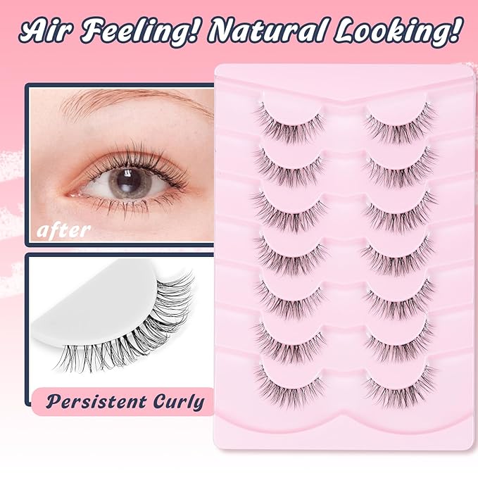 Eyelashes Natural False Lashes 14mm Eye Lashes with Thin Band 3D Volume Fake Eyelashes C Curl Wispy Lashes Natural Look 7 Pair-GlimoraGlow
