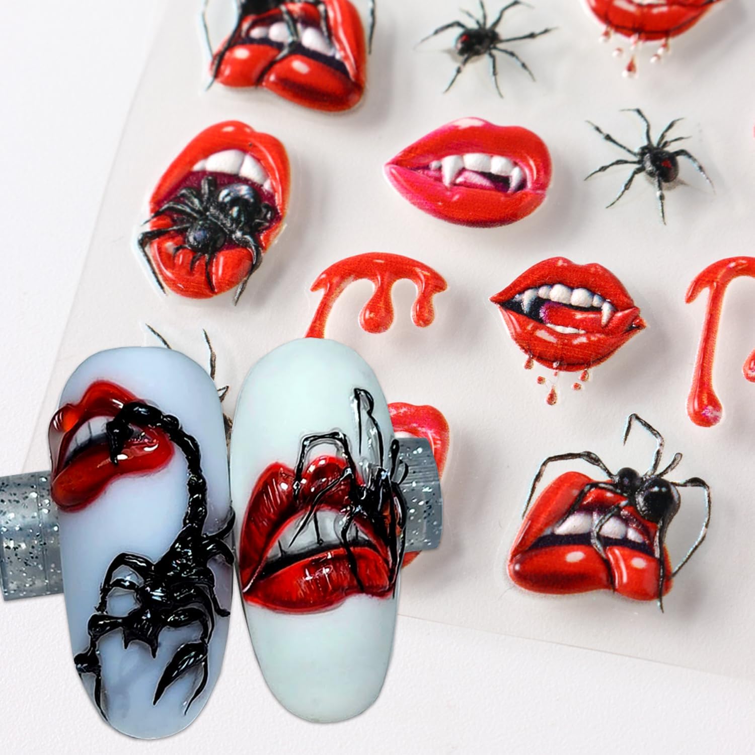 2 Sheets Halloween Nail Art Stickers 5D Embossed Horror Ghost Nail Stickers Big Red Lips Pumpkin Devil's Flame Eye Bat Design Terror Spider Mummy Nail Decals for Women Acrylic DIY Nail Decorations-GlimoraGlow