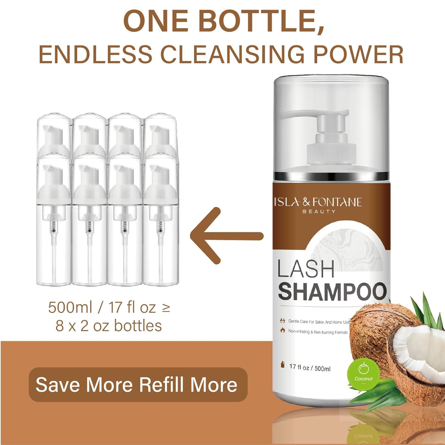 ISLA & FONTANE Lash Shampoo Bulk – Multi-Scent Series – 17 fl oz / 500ml | Gentle Eyelash Cleanser for Lash Extensions | Non-Irritating | Professional Lash Bath Foam For Salon And Home Use (Coconut)-GlimoraGlow