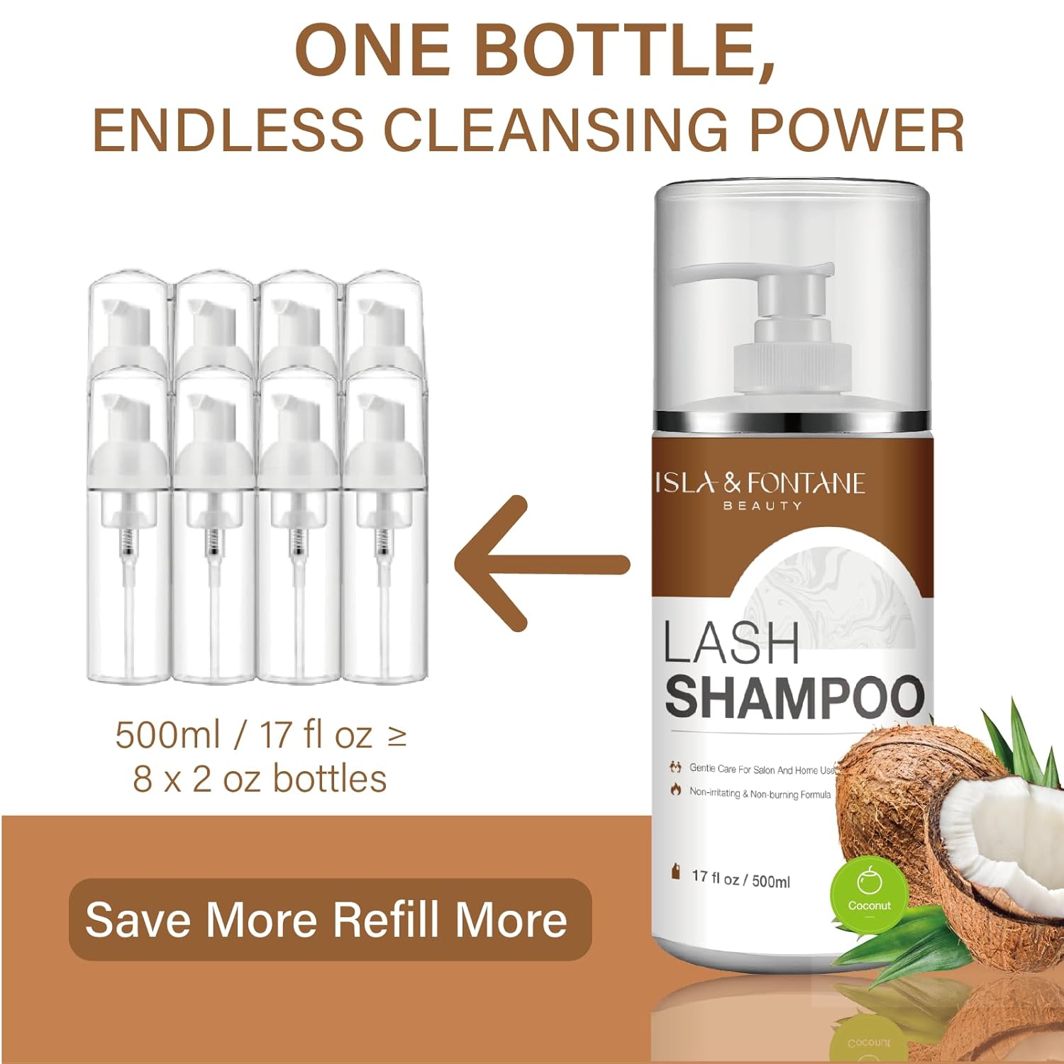 ISLA & FONTANE Lash Shampoo Bulk – Multi-Scent Series – 17 fl oz / 500ml | Gentle Eyelash Cleanser for Lash Extensions | Non-Irritating | Professional Lash Bath Foam For Salon And Home Use (Coconut)-GlimoraGlow