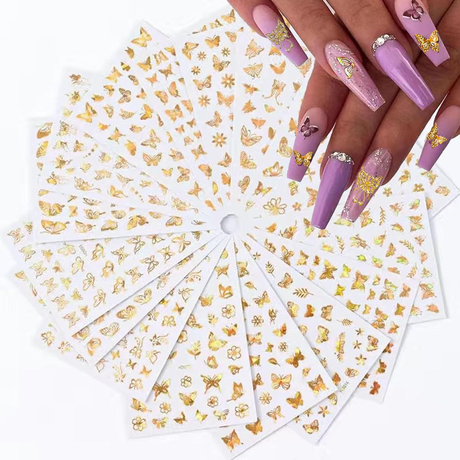 16 Sheets Butterfly Nail Art Stickers Decals 3D Self-Adhesive Gold Metallic Butterfly Nail Stickers Holographic Butterflies Design Nail Art Supplies for Women Acrylic Nail Art Decoration Accessories-GlimoraGlow