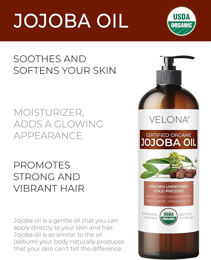 velona Jojoba Oil USDA Certified Organic - 16 fl oz (With Pump) | 100% Pure and Natural | Golden, Unrefined, Cold Pressed, Hexane Free | Moisturizing Face, Hair, Body, Skin Care-GlimoraGlow