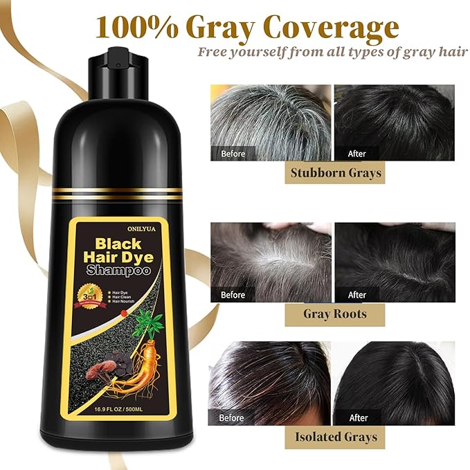 Instant Black Hair Dye Shampoo 3- in-1, 100 Percent Gray Coverage, Magic in 15 Minutes for All Types, Natural Women & Men, Color Depositing Conditioner, Easy to Use-GlimoraGlow