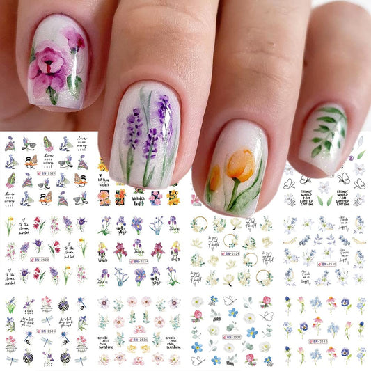 12 Sheets Flower Water Transfer Nail Stickers Purple Fresh Flower Nail Art Decals with Assorted Pattern Blossom Floral Butterfly Dragonfly DIY Nail Art supplies for Women Nail Decorations Manicure Tip-GlimoraGlow