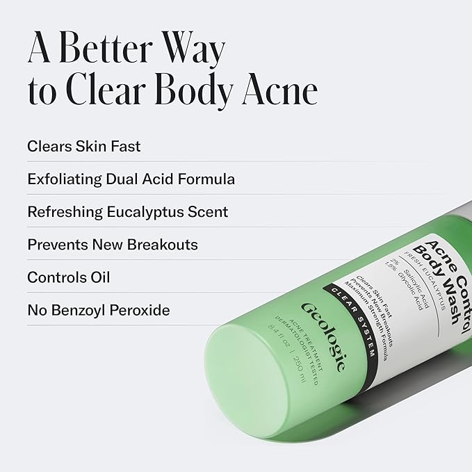 Geologie Acne Control Body Wash | Fresh Eucalyptus | 2% Salicylic Acid + 1.5% Glycolic Acid | Clears Body Acne & Prevents Breakouts | For Men & Women | No Benzoyl Peroxide | 8.4 oz-GlimoraGlow