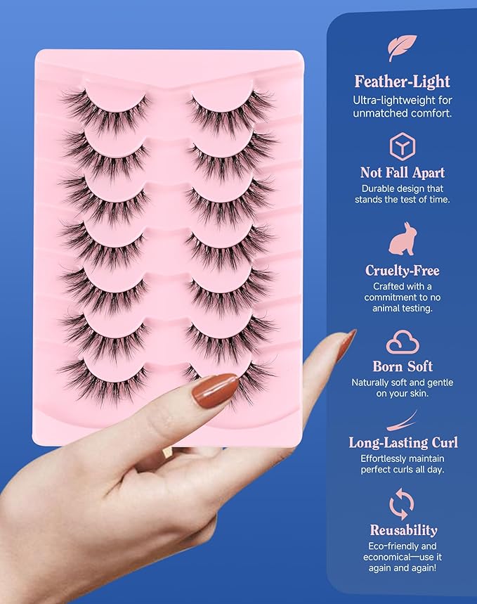 Lashes Natural Wispy Strip Eyelashes Natural Look Flared False Eye Lashes Soft Lash Fluffy Cat Eyelash 7 Pairs Everyday D05-GlimoraGlow