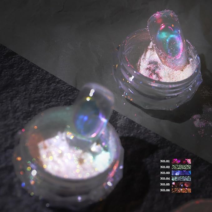 Ice Transparent Aurora Nail Powder Neon Rainbow Holographic Chameleon Powder Multi Chrome Iridescent Pigment Pearlescent Nail Art Glitters (6 Boxes Transparent)-GlimoraGlow
