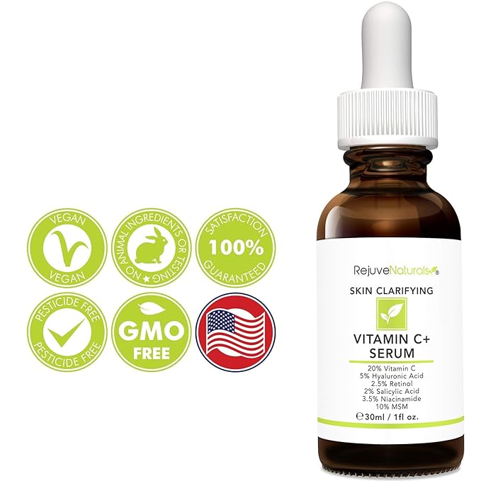 Vitamin C Serum Plus 5% Hyaluronic Acid, 2.5% Retinol, 2% Salicylic Acid, 3.5% Niacinamide, 10% MSM, 20% Vitamin C - Anti Aging Anti Wrinkle Skin Clearing Serum Organic Skin Care for Face and Eyes 1oz-GlimoraGlow