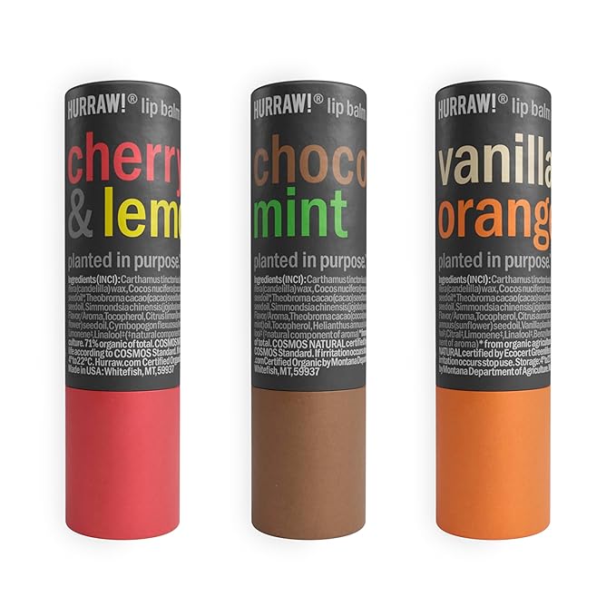 Hurraw! Cherry Lemon, Chocolate Mint & Vanilla Orange Lip Balm 3 Pack Bundle: Plastic-Free with new cardboard push-up tube. Certified Organic, Natural & Vegan. Bee, Shea, Soy & Palm Free. Made in USA-GlimoraGlow