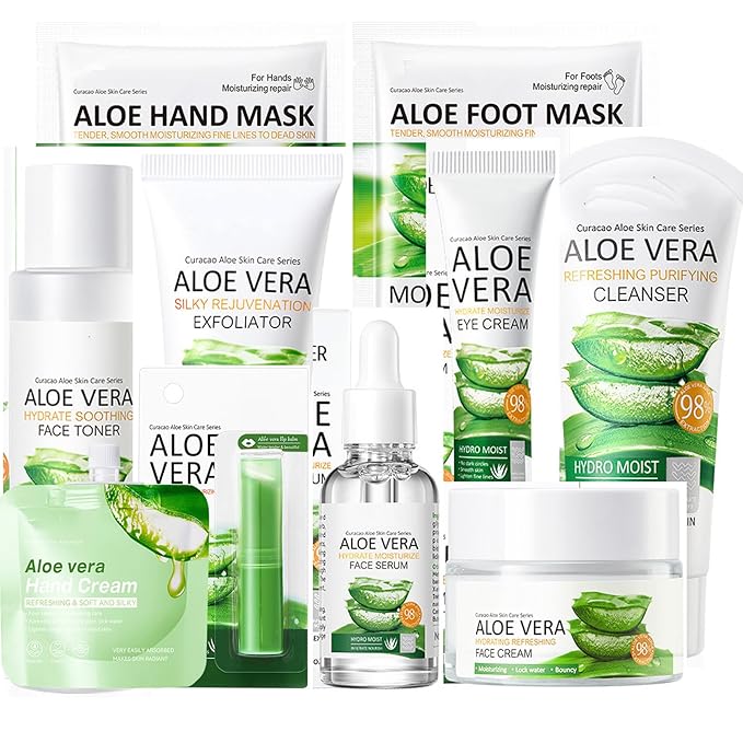 10Pcs Skin Care Products Set, Aloe Vera Skin Care Sets, Skin Care Gift Set for Women Girls, Skincare Routine Set, Face Care Kit for Dry Skin, Hydrating Whole Body Skin Care-GlimoraGlow