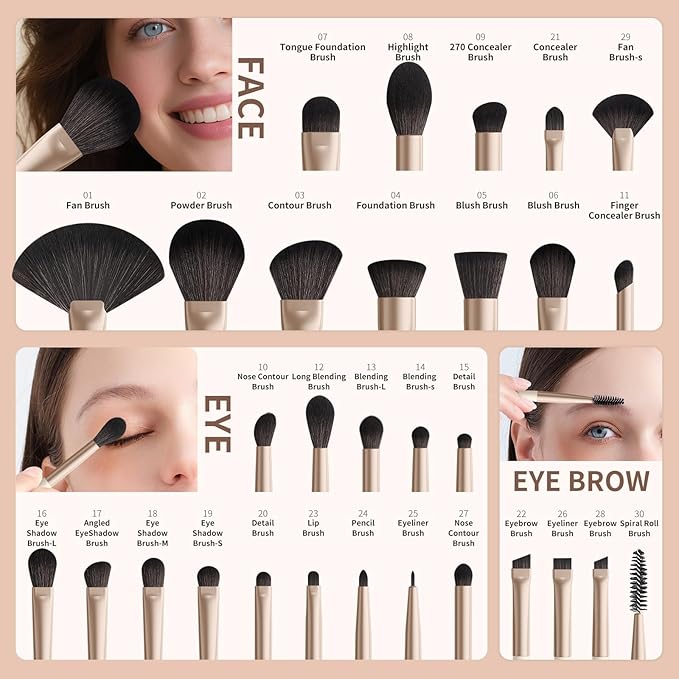docolor Makeup Brushes Professional 30Pcs Make up Brushes Set Premium Synthetic Kabuki Foundation Blending Brush Face Powder Blush Concealers Eye Shadows Beige-GlimoraGlow