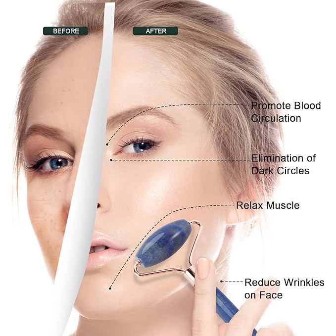 Jade Roller for Face, Facial Roller Massager Skin Care Tool, Gua Sha Facial Tools for Face, Neck, Eyes, Reduce Puffiness of The Skin(Blue)-GlimoraGlow