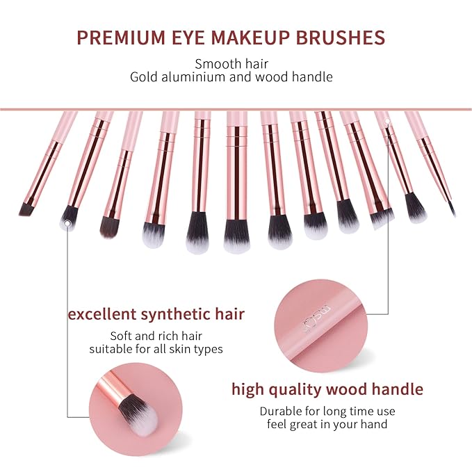 MSQ Eye Makeup Brushes Set with Soft Synthetic Hairs & Real Wood Handle for Eyeshadow, Eyebrow, Eyeliner, Blending (Pink), 12pcs-GlimoraGlow