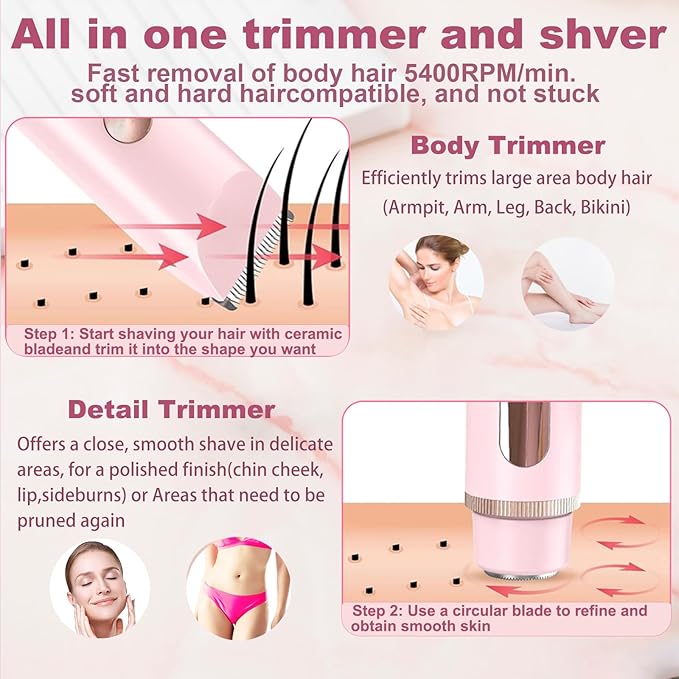 2 in 1 Bikini Trimmer for Women, Dual Head Electric Shaver with LED Display for Body Pubic Hair, IPX7 Waterproof Rechargeable Womens Electric Razor for Armpit Leg Body Facial-GlimoraGlow