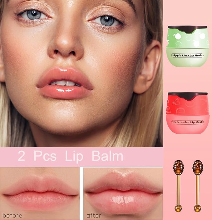 2 PCS Bee Lip Balm Honey Pot, Watermelon Apple Bee Lip Balm Sleeping Lip Mask Overnight with Sticks, Honey Pot Lip Balm Hydrating Exfoliating Prevention Dry and Crack Lip Scrubs-GlimoraGlow