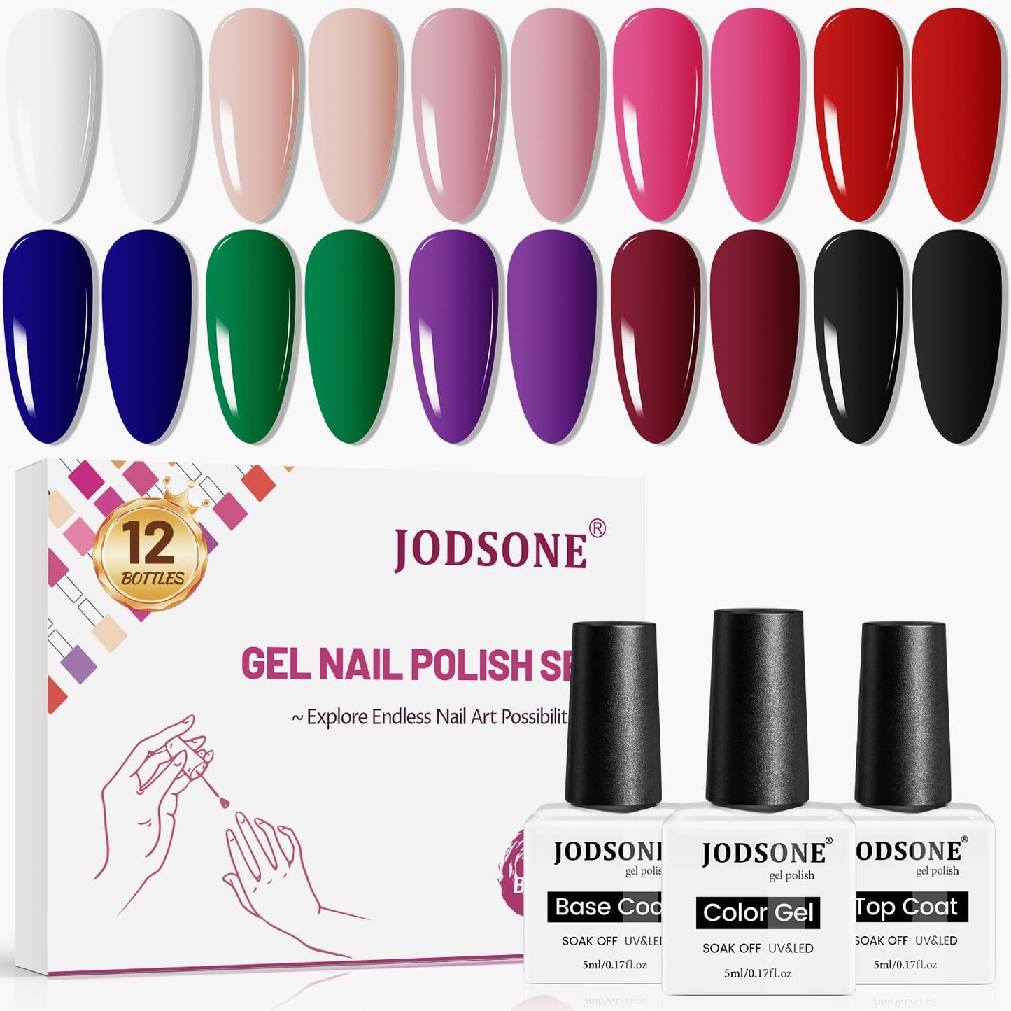 JODSONE 12 Bottles Gel Nail Polish Set Base Coat Glossy Top Coat Fast Drying Long Lasting Soak Off Wipe Free-GlimoraGlow