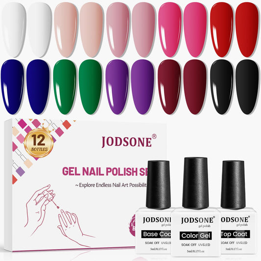 JODSONE 12 Bottles Gel Nail Polish Set Base Coat Glossy Top Coat Fast Drying Long Lasting Soak Off Wipe Free-GlimoraGlow
