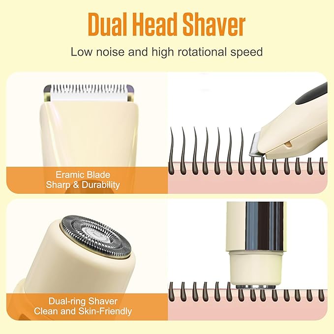 2 in 1 Bikini Trimmer for Women Dual Head Electric Shaver with LED Display,IPX7 Waterproof Wet & Dry, Painless Shaver for Underarm Leg Arm Body Face Private Area Khaki-GlimoraGlow