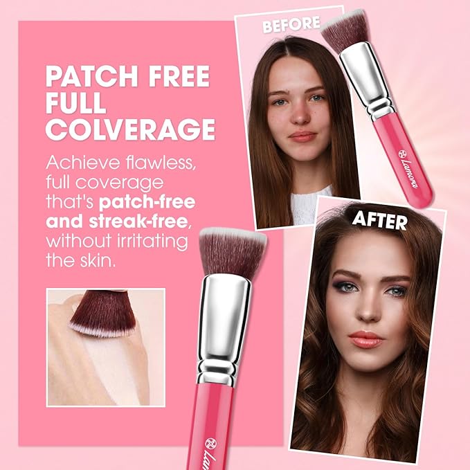 LAMORA Foundation Brush for Liquid Makeup - Kabuki Face Brush for Cream, Powder, Blush, and Concealer - Flat Top Blending, Buffing, Stippling Brush-GlimoraGlow