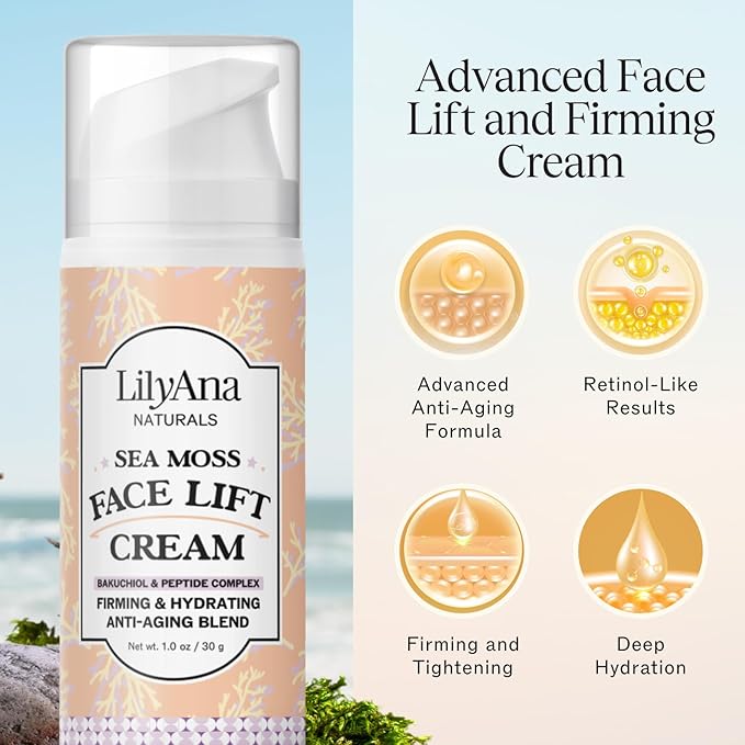 LilyAna Naturals Bakuchiol Face Lift Cream with Sea Moss and Peptide Complex - Face Cream for Women - Moisturizing and Lifting Facial Cream - Anti-Aging Overnight Moisturizer - Made in the USA - 1 oz-GlimoraGlow