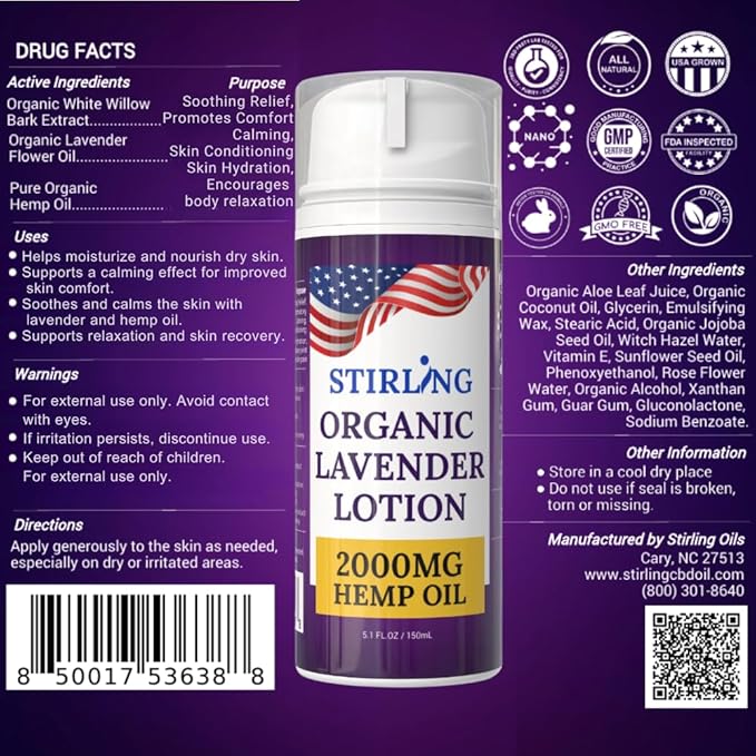 STIRLING Lavender Lotion – Organic Lavender with 2000mg Hemp Oil, Aloe Vera, and Vitamin E – Nourishing and Moisturizing Body Lotion for a Soft and Smooth Feel-GlimoraGlow