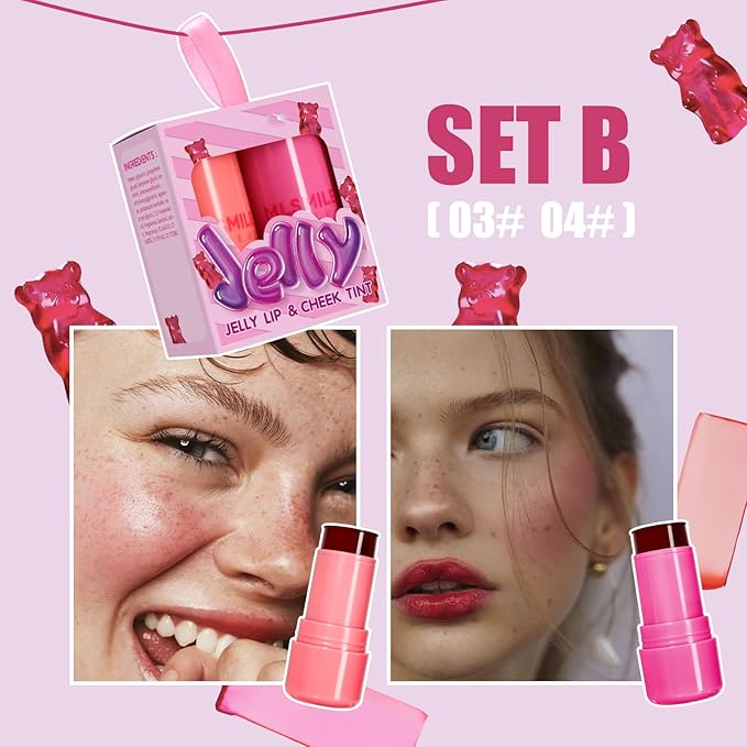 2 Pcs Milk Jelly Blush, Milk Cooling Water Jelly Tint, Vivid Color Water Jelly Tint Milk Blush, Sheer Eye Lip & Cheek Stick Stain, Long Wearing, Watercolor Finish Lip Gloss for Women, 03&04-GlimoraGlow