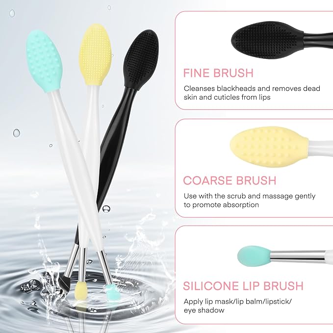 Unaone Lip Scrub Brush - 3 PCS Dual-ended Lip Scrubber Exfoliator and Silicone Lip Brush, 2-in-1 Silicone Lip Scrub Tool Lip Mask Applicator, Gentle Exfoliator & Applicator for Soft-GlimoraGlow