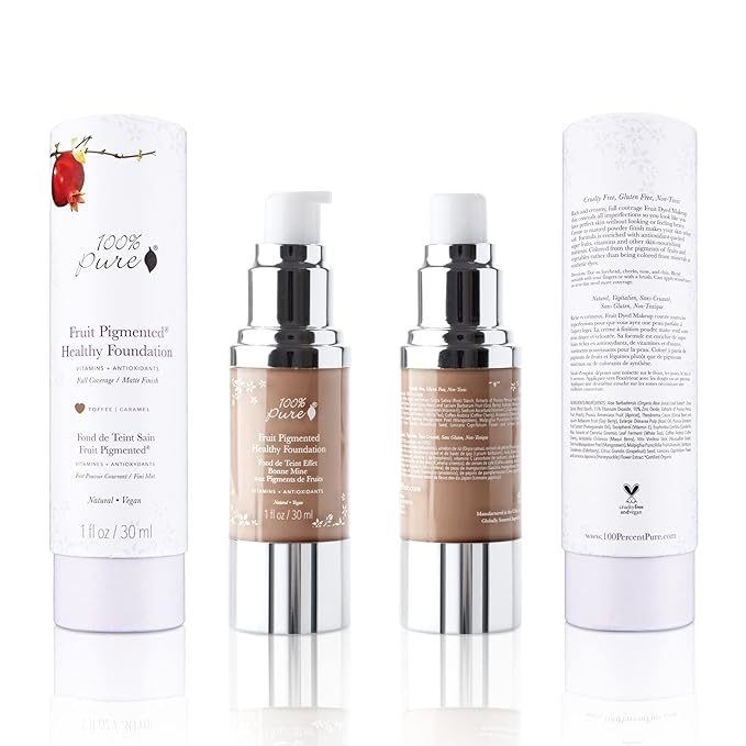 100% PURE Healthy Foundation Full Face Coverage Makeup, Liquid Matte Finish with Anti-Aging Benefits - Vegan Gorgeous Fruit Pigmented Toffee Color (Tan with Neutral Undertone) - 1 Fl Oz-GlimoraGlow