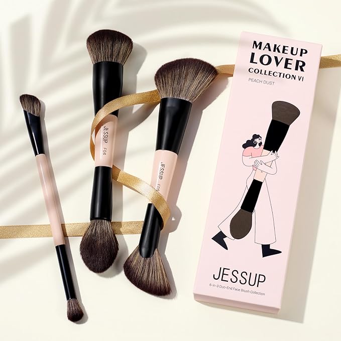 Jessup Face Makeup Brushes 3pcs Double Ended Makeup Brush Set for Foundation Contour Blush Highlight and Powder, Premium Synthetic Make up Brushes Peach Dust T508-GlimoraGlow