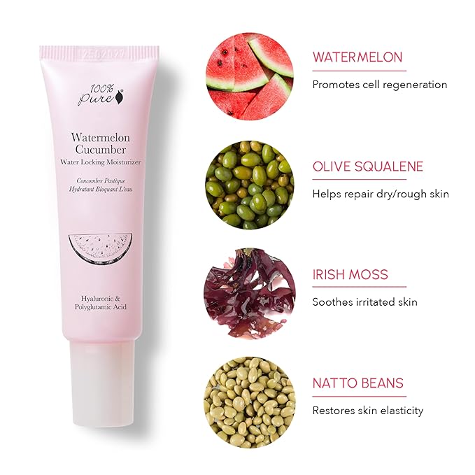 100% PURE Watermelon Cucumber Water Locking Moisturizer Natural Facial Hydration Boost with Hyaluronic Acid Replenishing Anti Aging Face Cream & Quenching Dry Skin Care Vegan - 1.4 fl oz-GlimoraGlow