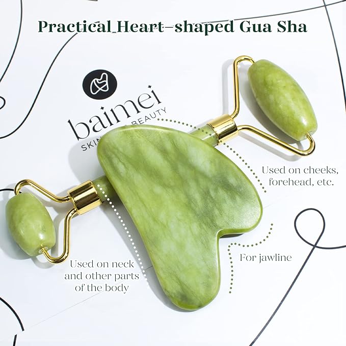 BAIMEI IcyMe Gua Sha & Jade Roller Facial Tools Face Roller and Gua Sha Set for Puffiness and Redness Reducing Skin Care Routine, Self Care Gift for Men Women - Green-GlimoraGlow