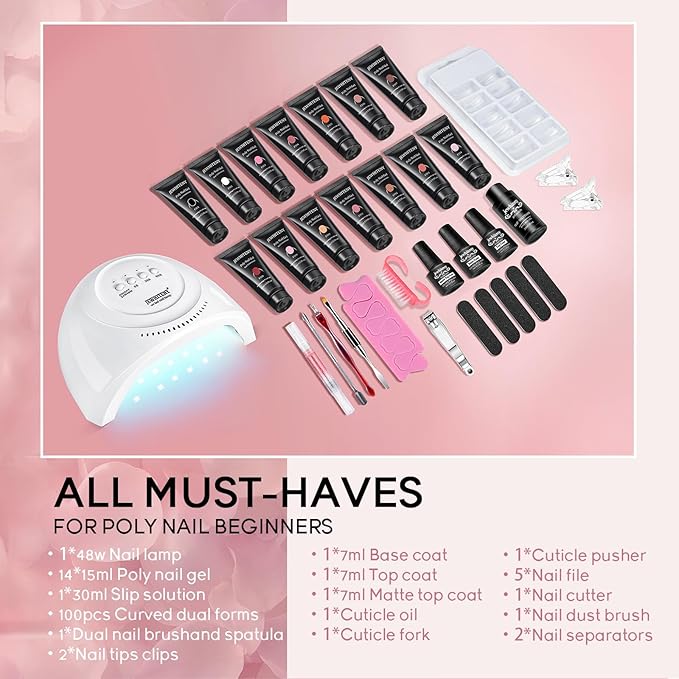 JEWHITENY 14 Colors Poly Extension Gel Nail Kit With U V Lamp Nude Pink White Brown All In One Poly Gel Starter Kit With Base Top Coat Manicure Salon Frence Nail Art DIY-GlimoraGlow