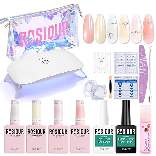 Jelly Gel Nail Polish Kit with U V Light, Hema-Free Milky Jelly White Pink Nude Orange Gel Polish Set with Base & Top Coat Chrome Nail Powder, 4 Colors Mini Salon Nail Art Starter Gift for Women Girl-GlimoraGlow