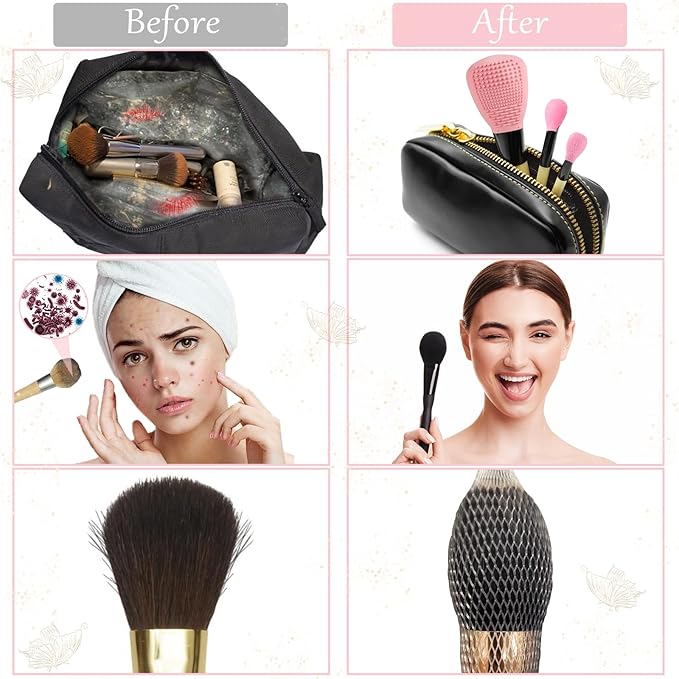 Silicone Travel Make-up Brush Holder with Cleaner Mat Pad, Organizer Case Covers for Foundation Eye Lip Brushes Storage Cleaning, Gift for Women Girl-friend Mother Wife, 5-Pcs Large + 7 Small, Pink-GlimoraGlow