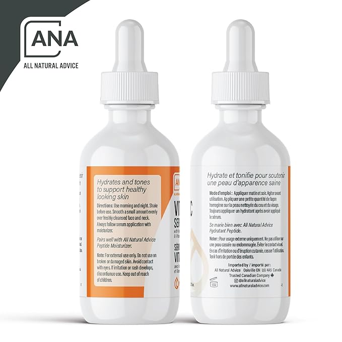 All Natural Advice Vitamin C Serum 60mL | 20% Vitamin C Face Serum Solution with Organic Botanicals, Hyaluronic Acid & Vitamin E | UV-Shielding Glass Bottle, Spray & Dropper | Canadian Skin Care-GlimoraGlow