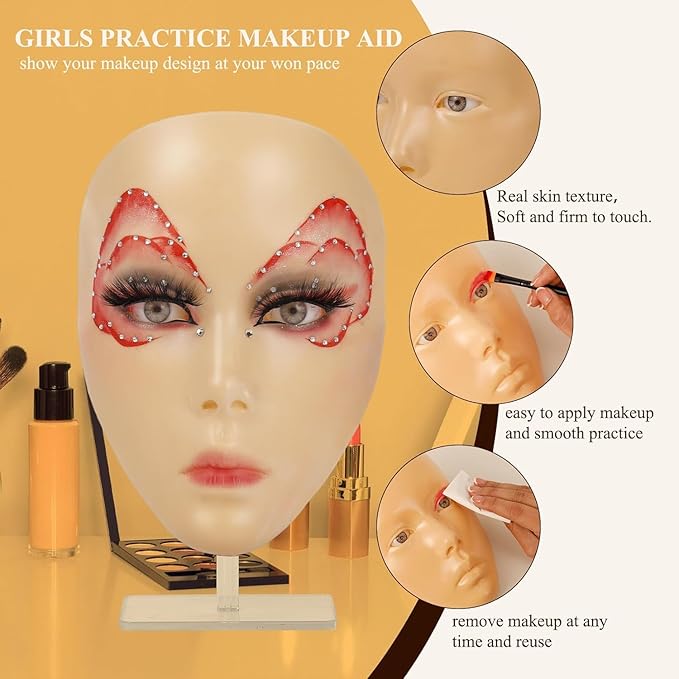 Makeup Practice Face, Eye Makeup Practice Head Silicone, Makeup Practice Accessories Set with Face Painting Mannequin Head, Makeup Brushes, Face Painting and Eyebrow Pen, Makeup Practice Gift, Yellow-GlimoraGlow